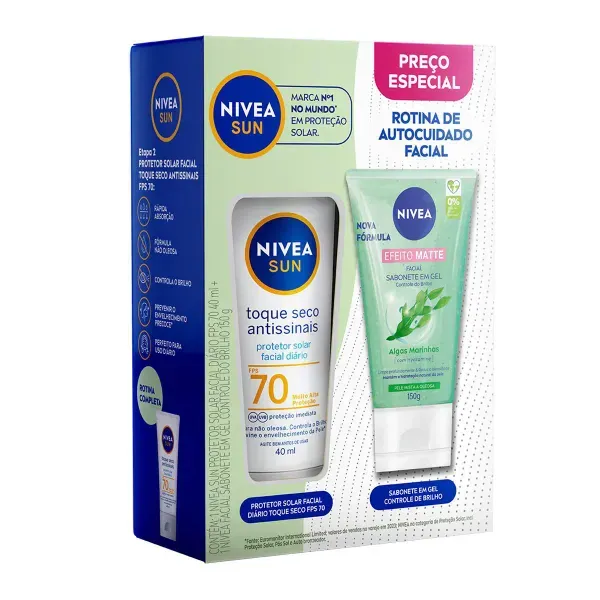 Kt Nivea Rotina de Autocuidado Facial Protetor Solar FPS 70 40ml + Sabonete em Gel 150g